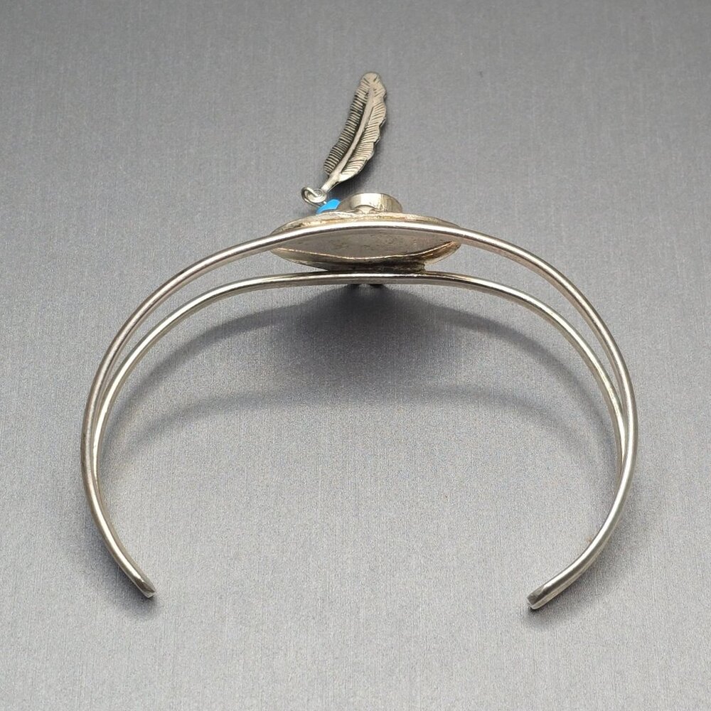 VTG Southwestern Sterling Silver Bracelet 6.75" Crushed Turquoise Feather Charm - Picture 5 of 15